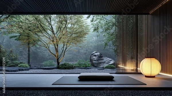 Fototapeta A serene interior space featuring a view of a tranquil garden with soft lighting, a stone feature, and a minimalist design.