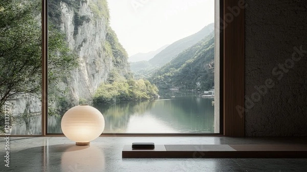 Fototapeta A serene interior scene featuring a lantern and view of a tranquil lake surrounded by mountains, showcasing a peaceful, minimalist aesthetic.