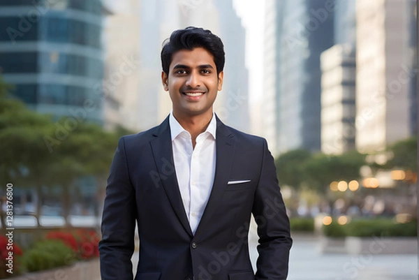 Fototapeta A man in a suit and tie is smiling in front of a city skyline