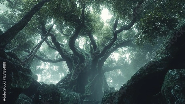 Fototapeta Ancient Forest Tree Enveloped in Mist and Stone