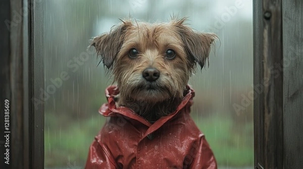 Fototapeta Dog in red raincoat waiting by doorway outdoor setting pet rainy environment close-up perspective emotional connection