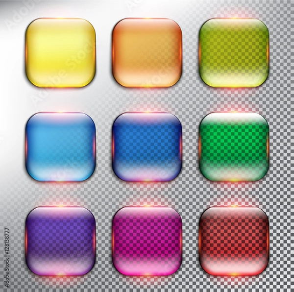 Fototapeta Abstract vector web buttons set of 9. Isolated with realistic, transparent glass shine and shadow on the light background. Vector illustration. Eps10.