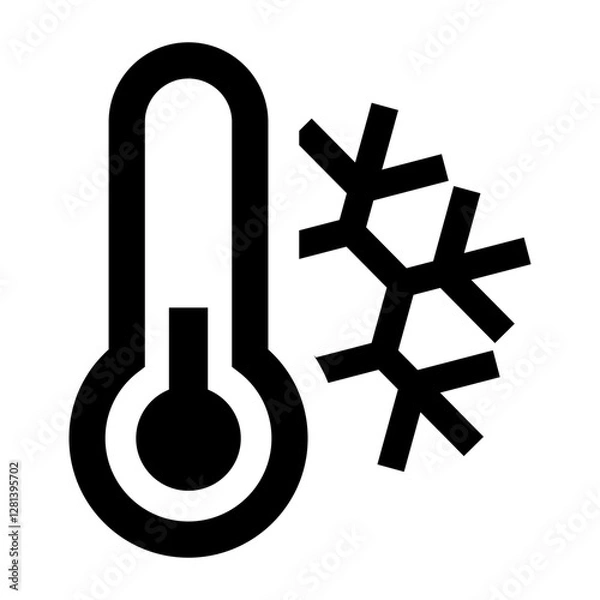 Obraz A black and white cold temperature icon featuring a thermometer with a snowflake symbolizing cold storage refrigeration or frozen food.