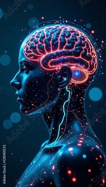 Fototapeta Brain scan interface with glowing blue lines and futuristic machinery, neuroscience, medical equipment