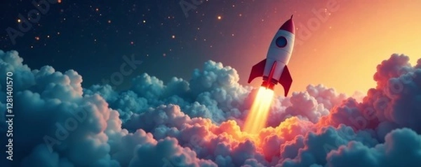 Obraz Business idea taking off with rocket ship and smartphone, technology launch, entrepreneurship