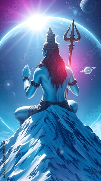Fototapeta Lord Shiva is meditating on the top of a snowy mountain peak. Cosmic scene with a large planet surrounded by stars and other celestial bodies