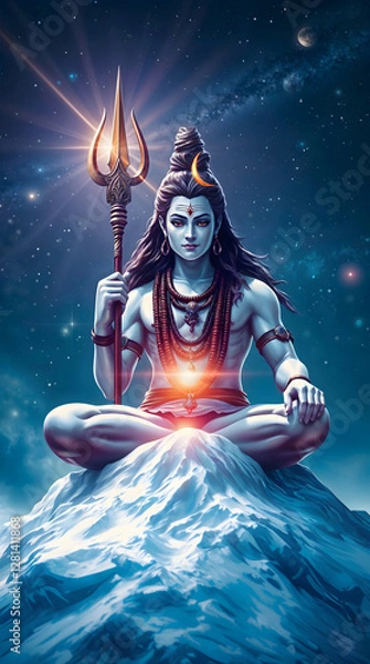 Fototapeta Lord Shiva is sitting in meditation atop a snow-capped mountain Mount Kailash, holding a glowing trident. Cosmic background with starry sky