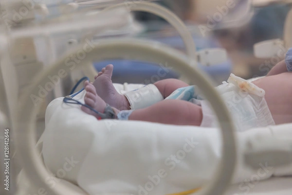 Fototapeta A newborn baby is laying on a white blanket in a hospital bed