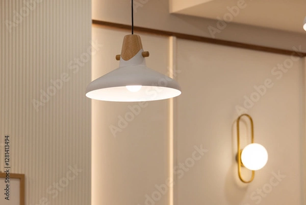 Fototapeta A white lamp with a wooden base is hanging from the ceiling