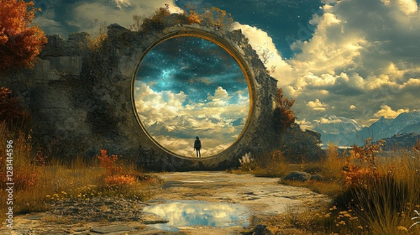 Fototapeta A surreal scene of a person stepping into a painting, becoming part of a fantasy world