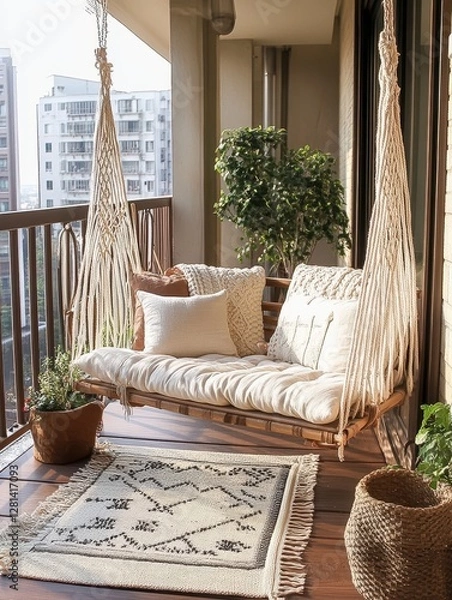 Fototapeta Comfortable bohemian style swing set located on a balcony setting