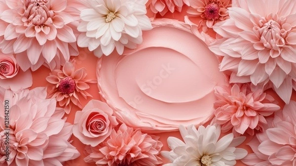 Fototapeta Beautifully arranged floral flat lay with pink cosmetic cream at the center, emphasizing a luxurious skincare routine