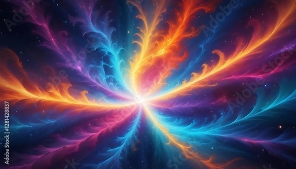 Fototapeta A bright vibrant cosmic scene with radiant multicolored energy streams