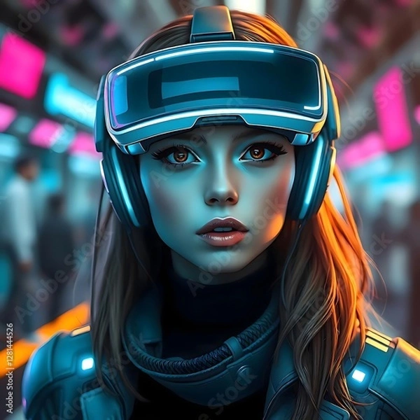 Obraz  Close-up portrait of a beautiful young woman wearing advanced cybernetic armor and headphones
