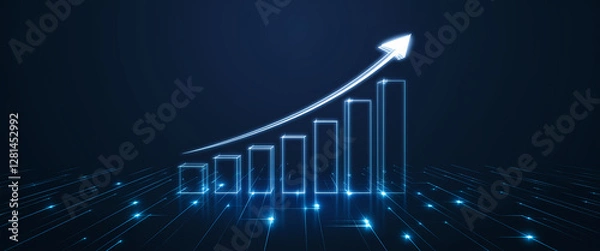 Fototapeta A glowing digital graph with an upward trend and an arrow pointing toward success, representing growth, progress, and innovation in the tech and business sectors.