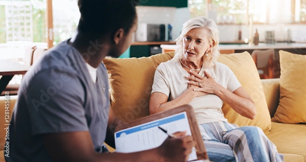 Fototapeta Woman, nurse and talking with documents for checkup procedure, medical questions and healthcare survey. Mature patient, caregiver and paperwork for information, diagnosis notes and treatment at house