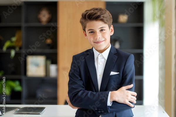 Fototapeta A young boy in a suit and tie is posing for a picture