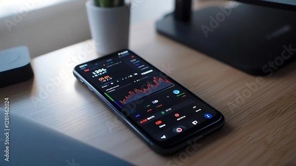 Obraz Smartphone displaying stock market data on wooden desk. (1)