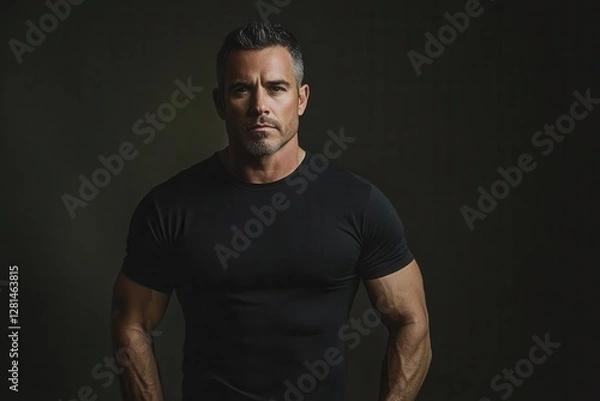 Fototapeta a rugged man in black tshirt photographed against neutral backdrop dramatic lighting emphasizing muscular physique high contrast studio portrait with clean minimalist style