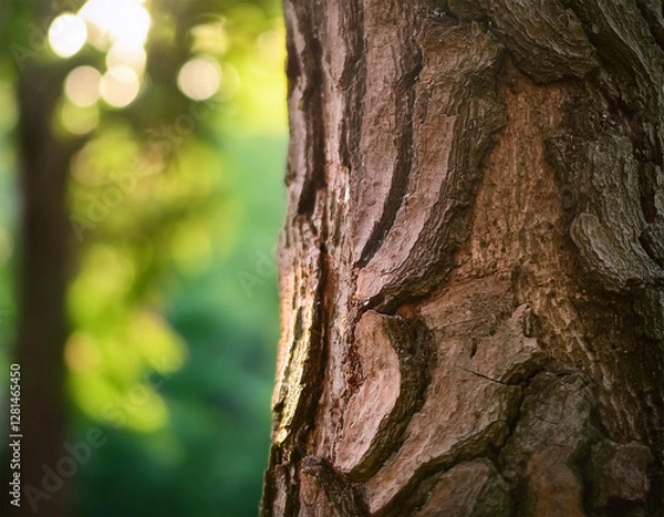 Fototapeta a close up view of tree bark showcasing texture and natural patterns with a soft focus background of greenery