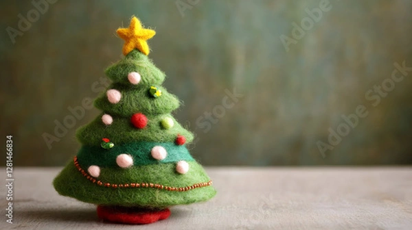 Fototapeta Decorative christmas tree made of felt with colorful beads and a yellow star on top, on a wooden surface and a blurred background