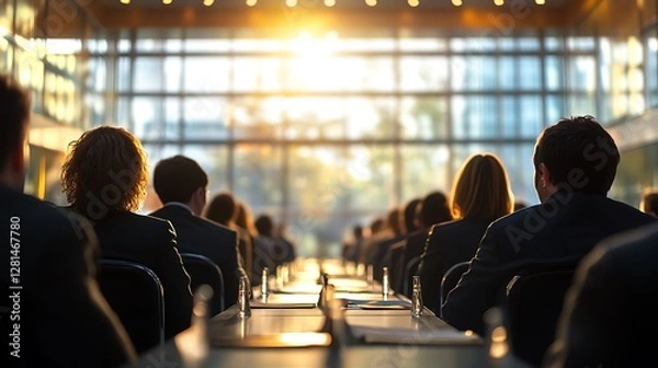Fototapeta Conference attendees seated in rows facing a large window with sunset light.