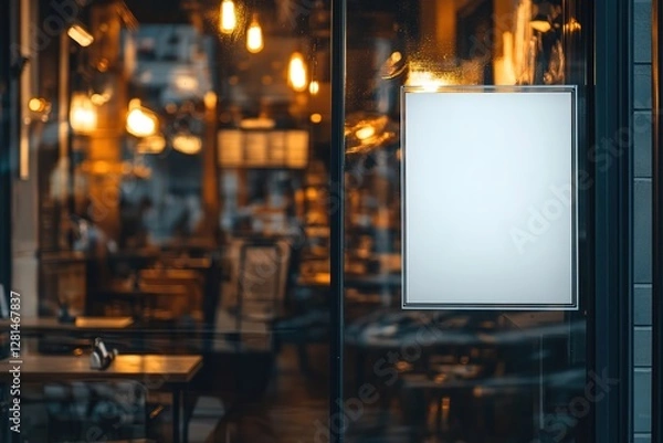 Fototapeta Blank White Poster Mockup on Coffee Shop Window: Perfect for advertising your cafe, restaurant, or small business. Showcase your brand with a clean, modern aesthetic. This high-resolution image is    