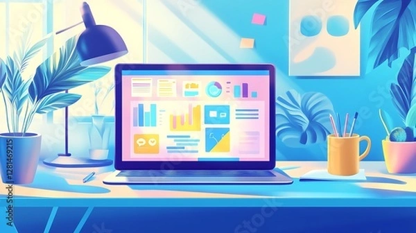 Obraz Sunlit workspace with laptop displaying data analytics, plants, and office supplies.