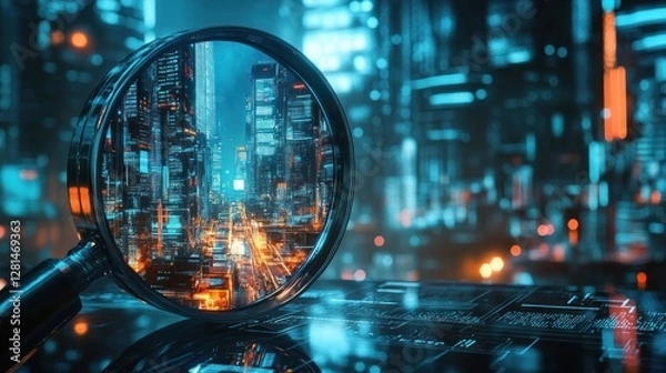Fototapeta Magnifying glass focusing on a futuristic city at night.