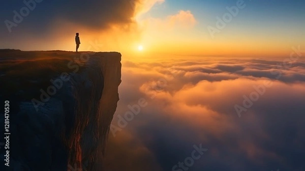 Obraz Solitary figure silhouetted at sunset atop a cliff overlooking a sea of clouds.