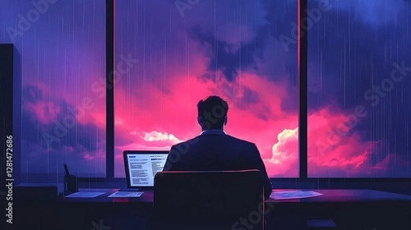 Obraz Man working at desk overlooking a dramatic rain-swept sunset.