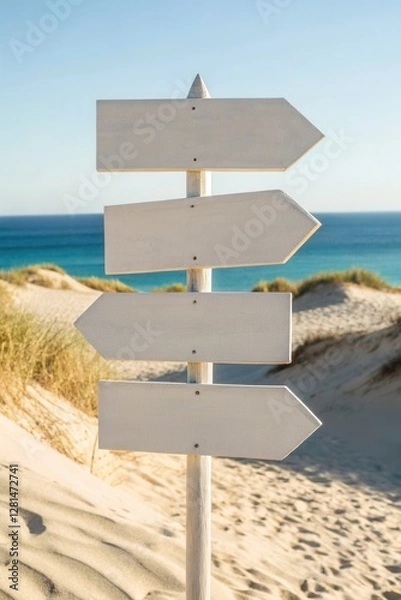 Fototapeta White wooden blank direction signs point different way on the beach, Signpost on the beach, Arrow sign point direction