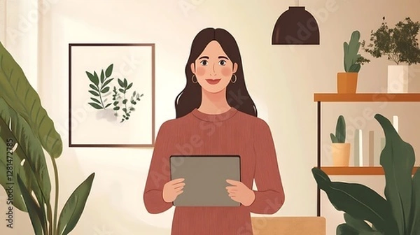 Obraz Smiling woman holding tablet in home office.
