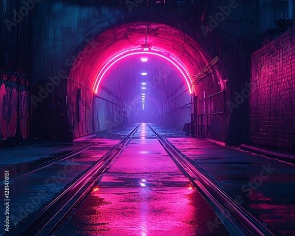 Fototapeta A neon lit tunnel showing a neon lit rail track