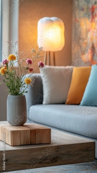 Fototapeta Cozy Living Room Decor with Wooden Coffee Table and Flowers
