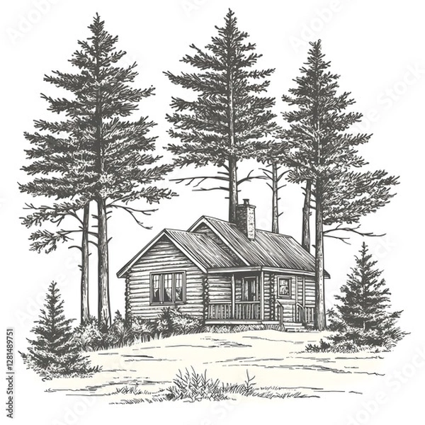 Fototapeta Rustic Log Cabin Surrounded by Tall Evergreen Trees in a Hand-Drawn Illustration Style