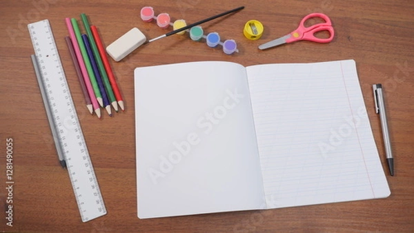 Fototapeta Empty school notebook with school supplies nearby. Top view