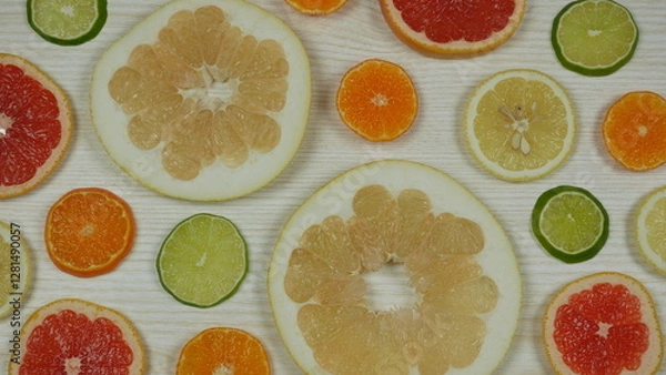 Fototapeta Slices of various citrus fruits on a light wooden background