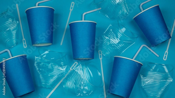 Fototapeta Blue background with plastic and paper cups and straws