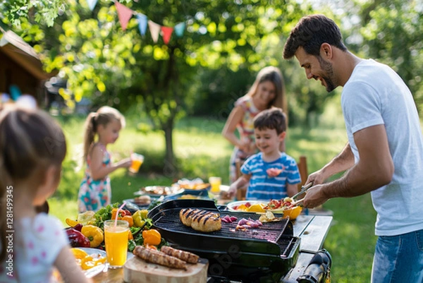 Fototapeta A family enjoying a summer cookout in their backyard, with grilled food, lemonade, and kids playing. Generative AI