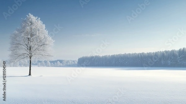 Fototapeta Winter landscape with solitary frozen tree in snow covered field. Clear sky and forest on background
