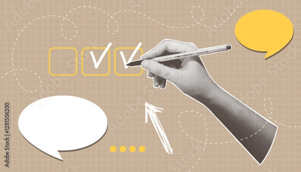 Fototapeta Trendy halftone collage featuring a checklist concept. A human hand marking checkboxes correctly. A creative halftone collage illustration with hand. Vector graphics.