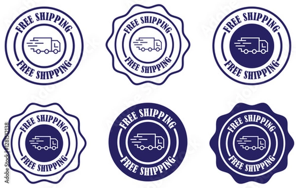 Fototapeta  Free shipping delivery truck icon on white background. Fast shipping sticker design. Graphic badge for free shipping. Ecommerce badge with truck icon. Shipping promotion badge set. Vector 