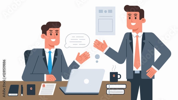 Fototapeta A new employee being welcomed in an office setting, showing a person sitting at a desk with a laptop,a friendly colleague standing nearby with a welcoming gesture.