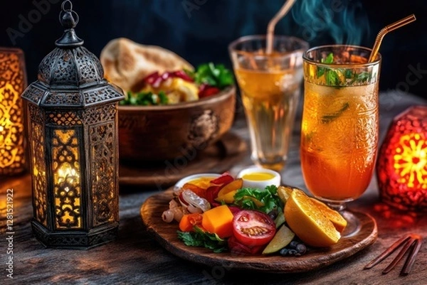 Fototapeta A table set for a Moroccan feast, featuring a variety of spiced meats, vegetables, and traditional breads alongside refreshing drinks.