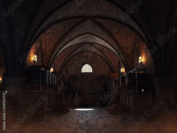 Obraz Dark medieval wine cellar with wooden barrels, burlap sacks and burning torches. Made from 3d resources and painted elements. No AI used. 