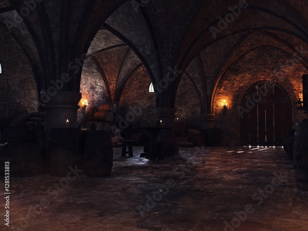 Obraz Wooden door in an old medieval cellar with wine barrels and burning torches. Made from 3d resources and painted elements. No AI used. 