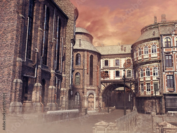 Obraz Steampunk buildings in a fantasy town from the Victorian era, with lamps and steampunk decorations. Made from 3d resources and painted elements. No AI used. 