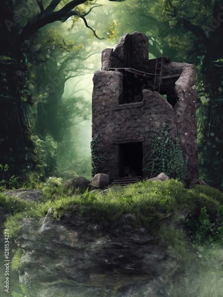 Obraz Fantasy landscape with a ruined medieval tower surrounded by a green forest and grass. Made from 3d resources and painted elements. No AI used. 