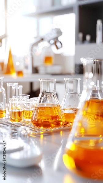 Fototapeta Dynamic Chemistry Experiment in a Modern Laboratory Showcasing Colorful Solutions in Beakers and Flasks Bright and Inviting Workspace